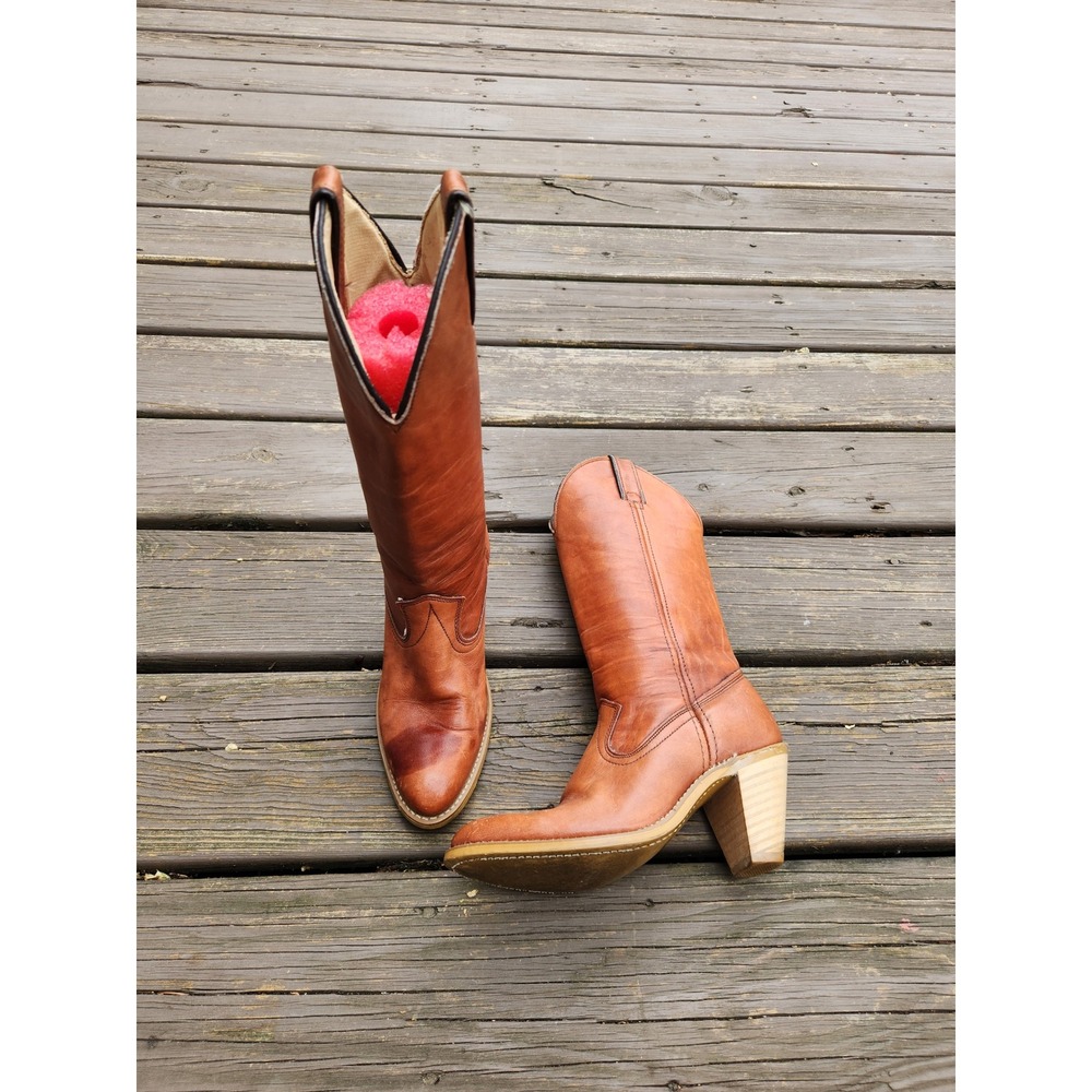 Vintage 70s Acme Western Boots Cognac Brown Leather Stacked Block Heel Size 5.5B
